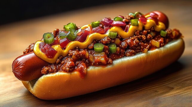 Close-up of a chili cheese hot dog topped with diced red onions, chopped green onions, and zigzag mustard sauce on a soft bun, presented on a wooden surface