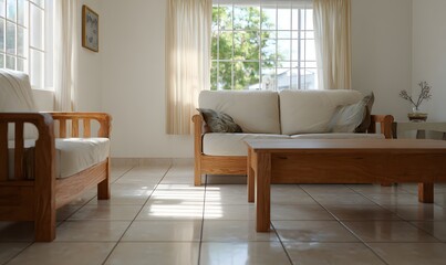 An interior shot of a modest Central American living room. Clean ceramic tile floor, simple furniture arrangement
