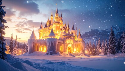 Obraz premium A glowing castle at dusk, iced over, set in a snowy forest with falling snow