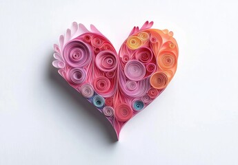 Heart shape made from colorful curled paper strips in pink, red, orange, and hints of blue on white background creating a delicate and artistic composition