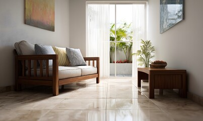 An interior shot of a modest Central American living room. Clean ceramic tile floor, simple furniture arrangement