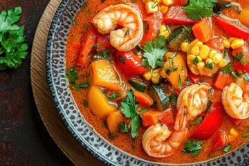 Close-up of a colorful shrimp and vegetable soup with corn, bell peppers, carrots, and fresh herbs in a decorative bowl on a wooden surface