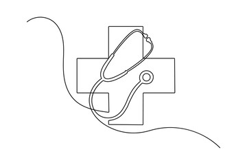 Obraz premium Continuous line drawing of a medical cross symbol with a stethoscope. health, medical care, and wellness concept illustration