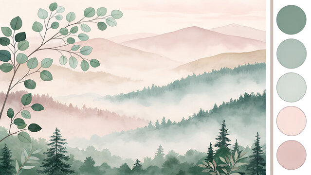 Spa-inspired watercolor blend in eucalyptus green, beige, and pastel pink, tranquil and nurturing mood, soft misty fields with abstract round forms suggesting candles or stones with copy space  