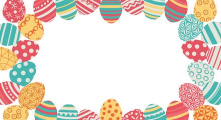 Festive rectangular frame made from a variety of colorful decorated Easter eggs, providing a cheerful border with central copy space.