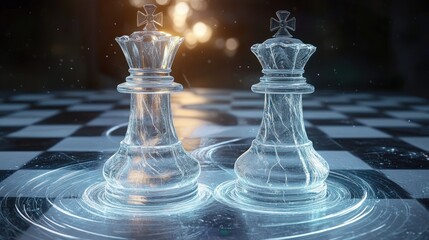 Two transparent glass king chess pieces standing next to each other on a reflective chessboard with a glowing circular ripple effect and warm sunlight in the background
