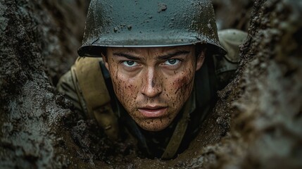 intense soldier with mud-covered face and helmet looking determined while crouching in narrow muddy trench