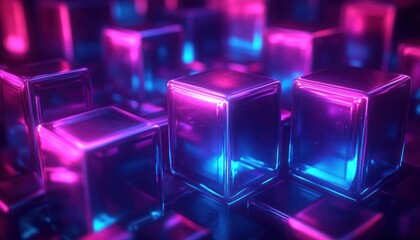 Close-up view of transparent glowing cubes illuminated with vibrant pink and blue neon lights creating a futuristic and abstract atmosphere