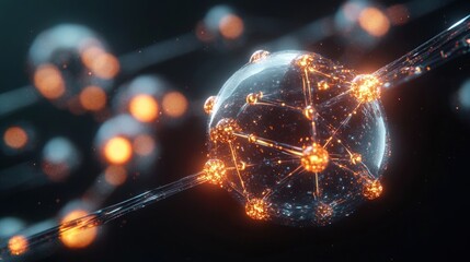 Close-up visualization of a translucent sphere connected by glowing orange nodes and lines representing a complex network in a dark background