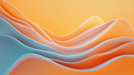 Smooth flowing layered waves in pastel blue, peach, and orange hues creating an abstract, serene landscape against a soft orange background
