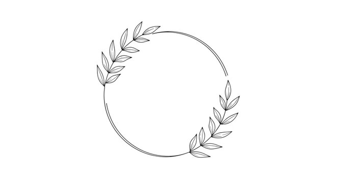 Elegant hand-drawn circular frame decorated with two delicate leafy branches, creating a beautiful and minimalist botanical border design.
