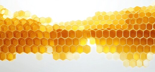 Close-up of a golden honeycomb structure with translucent hexagonal cells on a white background showing natural texture and warm glowing effect