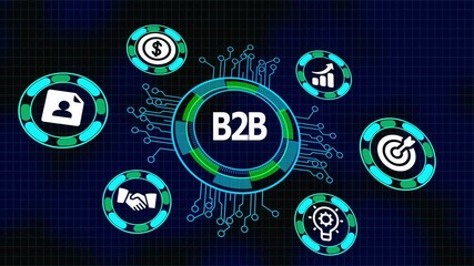 B2B Business Technology and Corporate Network Concept with Digital Icons, Data Analytics, Partnership Strategy, Performance Metrics, and Growth.