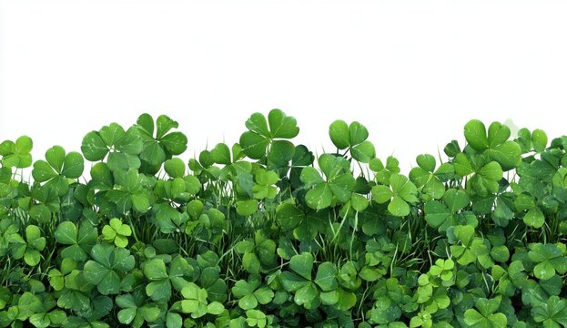 Lush Green Clover Field With Water Droplets On Leaves And White Background