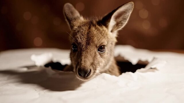 Baby kangaroo joey peeking from torn white paper with soft background bokeh light close up adorable marsupial wildlife animal portrait