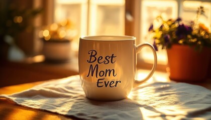White ceramic mug with the text best mom ever placed on a cloth on a wooden table with warm sunlight and blurred floral background