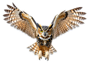 Majestic owl in mid-flight with wings outstretched, detailed plumage