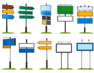 A collection of various directional and informational road signs, with diverse colors and shapes on a white background
