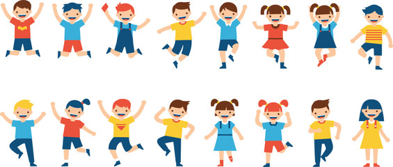 Happy children character set in playful poses, colorful kids illustration for education, activities, cartoons, posters and design projects