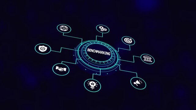 Benchmarking Analysis Platform with Performance Icons, Competitive Metrics Dashboard, Data Comparison Tools, and Business Evaluation System.