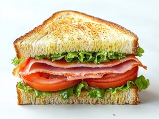 toasted sandwich with layers of bacon, ripe tomato slices and crisp green lettuce between golden brown toasted bread, fresh and appetizing