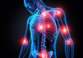translucent human torso skeletal anatomy with glowing red joint pain hotspots conveying discomfort and inflammation