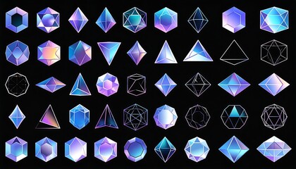 A collection of various geometrical crystalline shapes with iridescent hues on a black background, conveying a sense of elegance