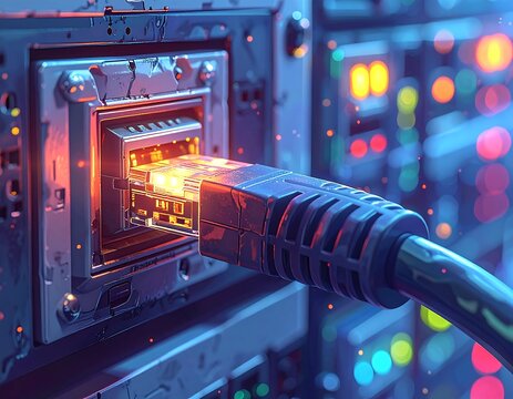 Close-up of a glowing Ethernet cable plugged into a data server port - Powered by Adobe