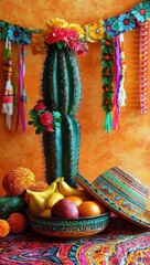 Colorful decorative cactus adorned with yellow and red flowers surrounded by a fruit bowl containing bananas and oranges, with a vibrant embroidered hat and festive garlands on an orange textured wall