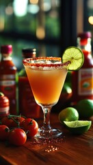 Refreshing cocktail in a salt and chili rimmed glass garnished with a fresh lime slice surrounded by fresh tomatoes, lime wedges, and hot sauce bottles on a wooden surface