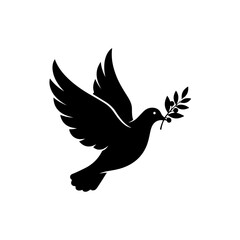 Obraz premium A flying dove silhouette holding an olive branch, a symbol of peace isolated on transparent background
