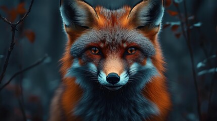Obraz premium Close-up of a red fox staring intently amidst dark, blurred forest background with soft focused branches and leaves