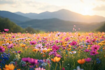 Fototapeta premium Colorful wildflower meadow of pink, orange, blue and yellow blossoms under warm sunrise light with rolling distant mountains, a serene and joyful scene