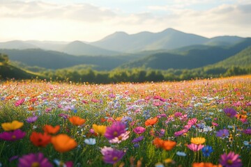 Obraz premium Sunlit wildflower meadow of colorful blossoms stretching toward distant green mountains beneath a soft cloudy sky, evoking peaceful joyful serenity