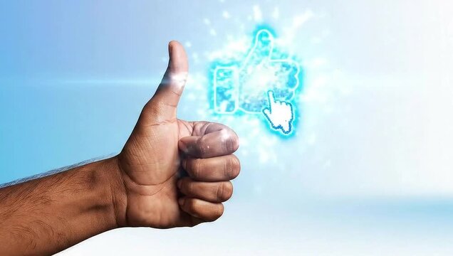 A hand giving thumbs up with a blue like icon on a gradient background video