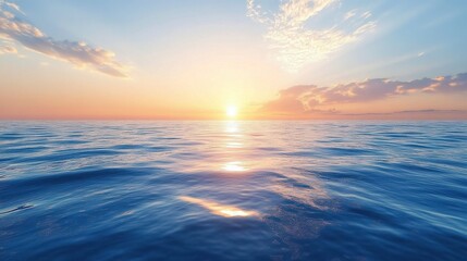Peaceful ocean waves at sunset with warm sunlight reflecting on water surface