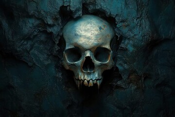 moody teal rock wall with rugged textured surface and central dark rectangular panel revealing a partial teal sphere, mysterious dramatic shadows and deep crevices