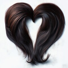 long dark brown hair arranged into a heart shape on a white background conveying romantic affection and tenderness