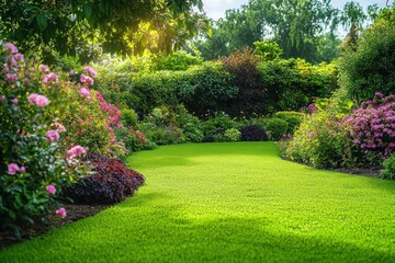 Sunlit manicured green lawn path through a colorful flower garden with pink blooms, dense hedges and leafy trees, evoking calm and peaceful serenity