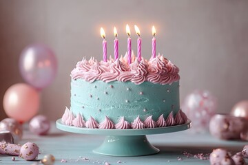 pastel blue cake with pink piped rosettes and five lit pink candles on a cake stand with balloons, joyful celebratory scene