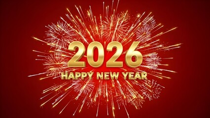 Golden 2026 Happy New Year celebration with vibrant fireworks display on a red background