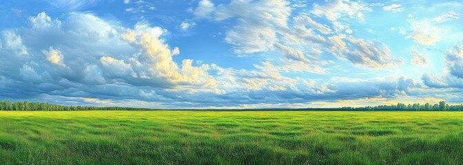 Expansive green meadow under a vast blue sky with dramatic clouds and distant tree line, evoking calm and awe