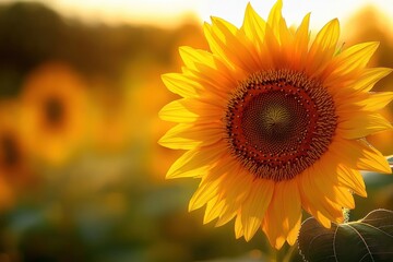 Fototapeta premium Close-up of a bright sunflower in a sunlit field with golden petals, detailed seed head, green leaves and a warm, cheerful summer bokeh background