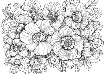 detailed black and white line drawing of a dense cluster of blooming flowers with petals, centers, buds, berries and leaves, an intricate bouquet evoking calm and peaceful relaxation