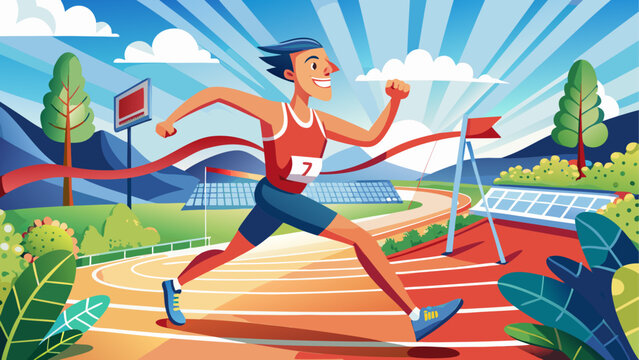 Runner crossing finish line, athletic track, sports illustration, fitness winner