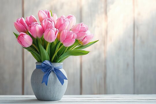 Bouquet of pink tulips in a gray vase tied with a blue ribbon on a whitewashed wooden table with soft sunlight and a calm, cheerful spring mood