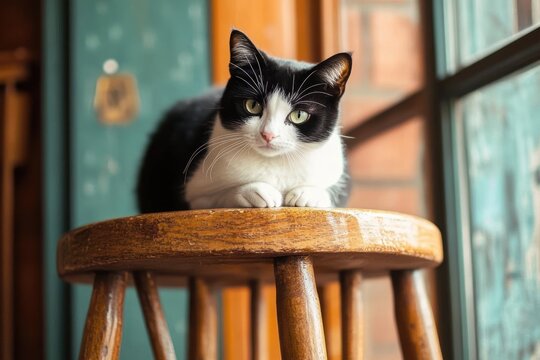 black and white cat with green eyes perched on a round wooden stool by a sunlit window in a cozy rustic room, calm and curious expression - Powered by Adobe