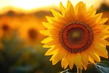 Obraz premium close-up of a vibrant sunflower in a sunlit field at golden hour, warm glowing light evoking joy and summer serenity