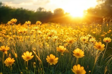 Obraz premium Sunlit field of yellow wildflowers and daisies at golden hour with warm glowing sunset and peaceful, joyful atmosphere
