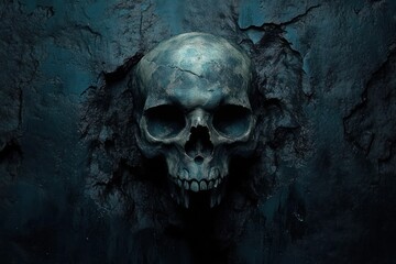 moody teal rock wall with cracked texture, dark central square panel and a pale lunar orb peeking above, surreal and mysterious atmosphere